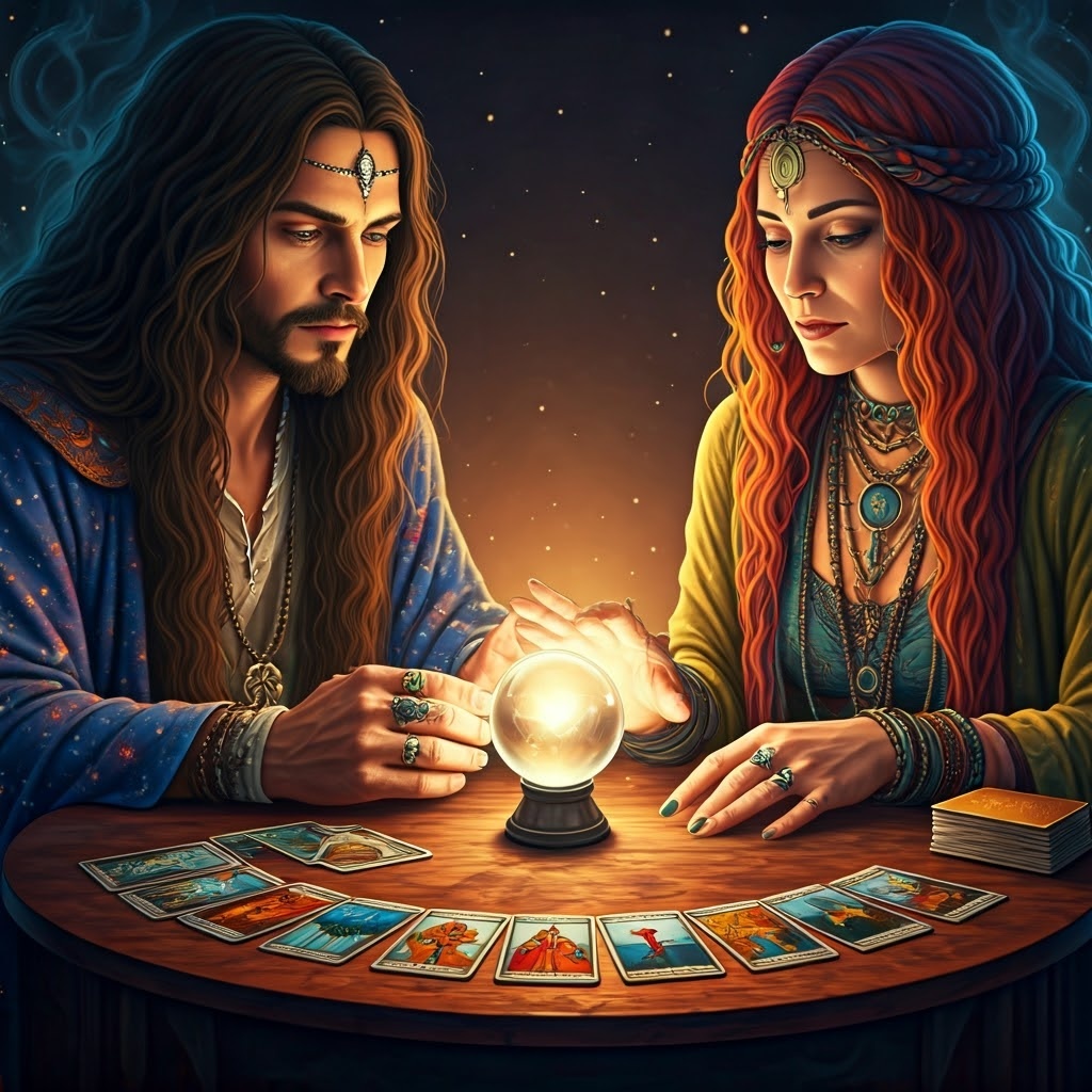 Tarot,Cards,With,Crystal,Ball,,1,Male,Psychic,And,1